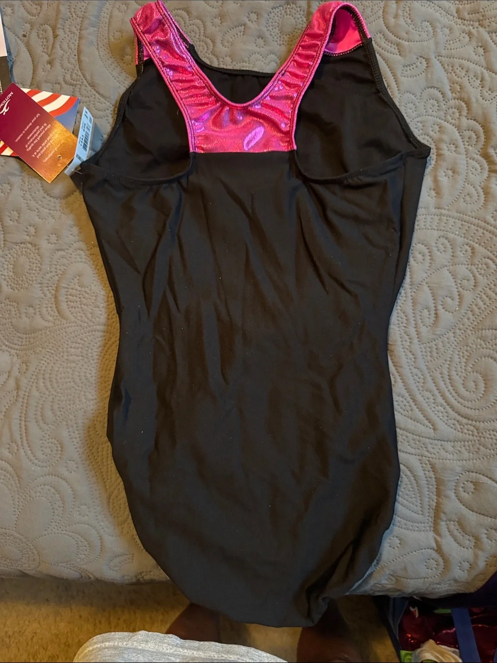 Girls Black Gymnastics Leotard Pink Accent, CowsWinter Classic Rhinestone Detail